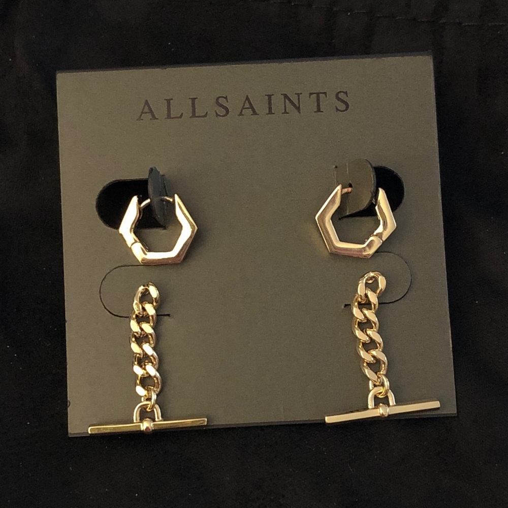 All Saints Gold Tone Hexagon Huggie Hoops & Chain Bar Drop Earrings NWT & Pouch
